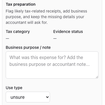 ReceiptCue receipt detail with business purpose and tax preparation fields