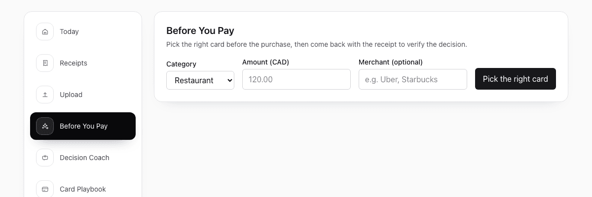 ReceiptCue best-card recommendation screen