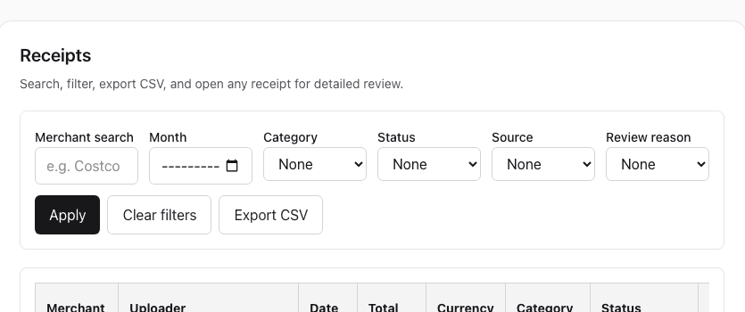 ReceiptCue receipts screen with search, filters, and CSV export