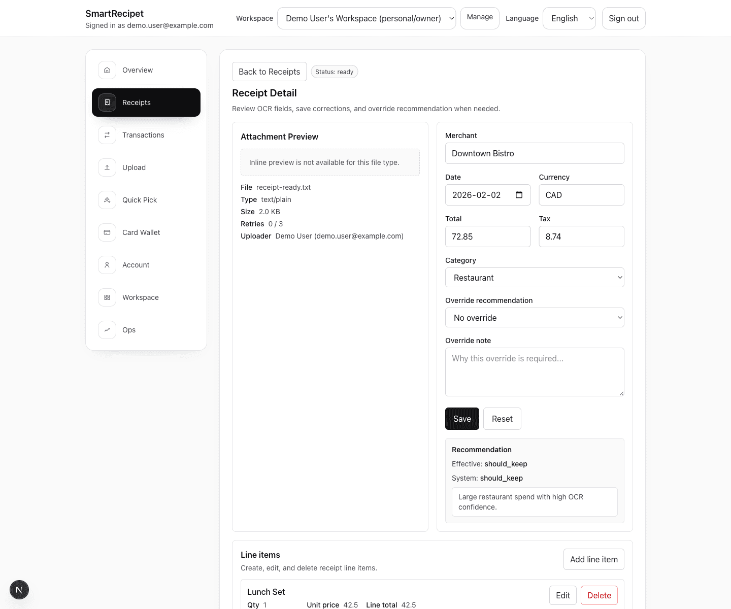 ReceiptCue receipt review screen