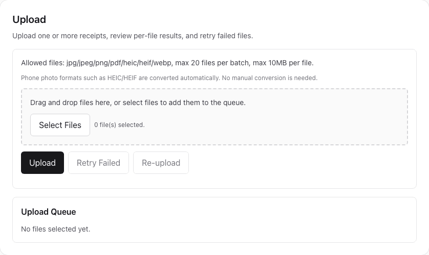 ReceiptCue upload screen with drag-and-drop queue