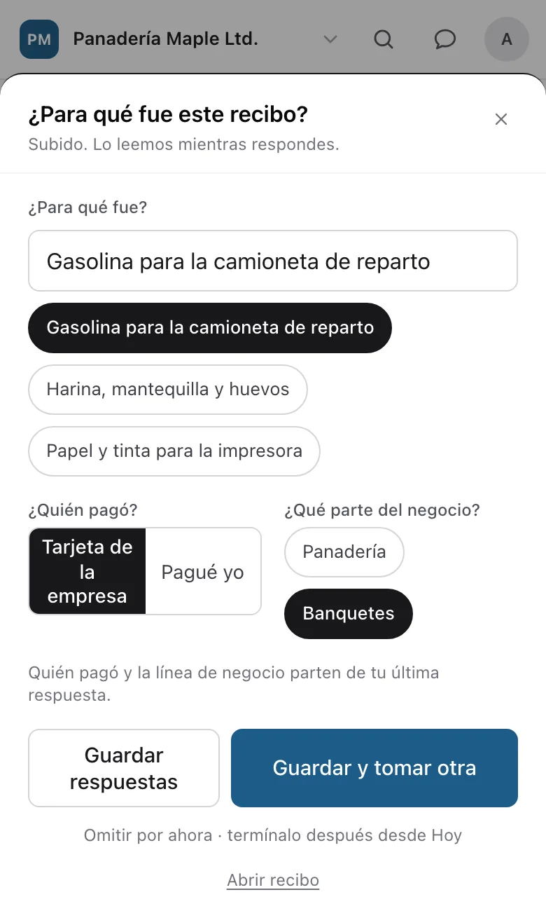 Hoja de captura de ReceiptCue que pregunta para qué fue el recibo, de qué línea de negocio y quién pagó