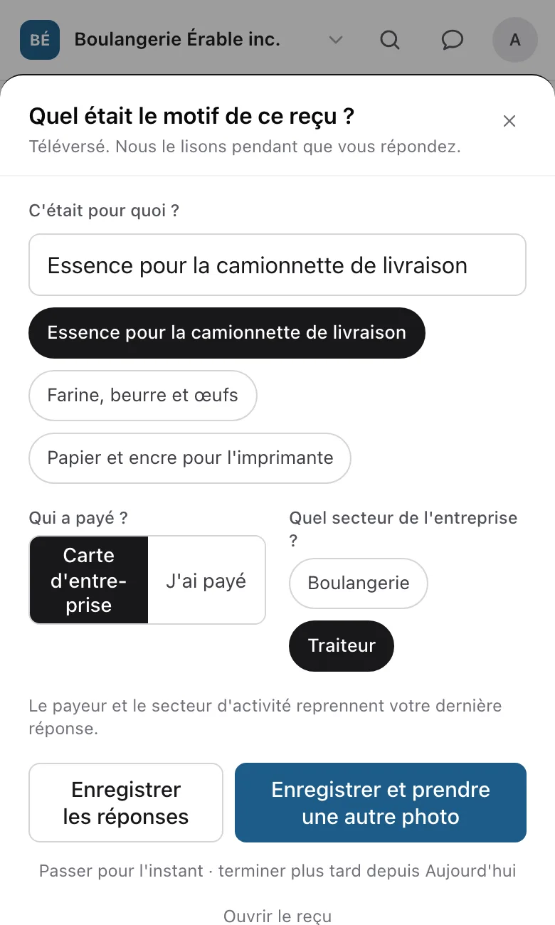 Fiche de saisie ReceiptCue demandant à quoi a servi le reçu, pour quel secteur d'activité et qui a payé