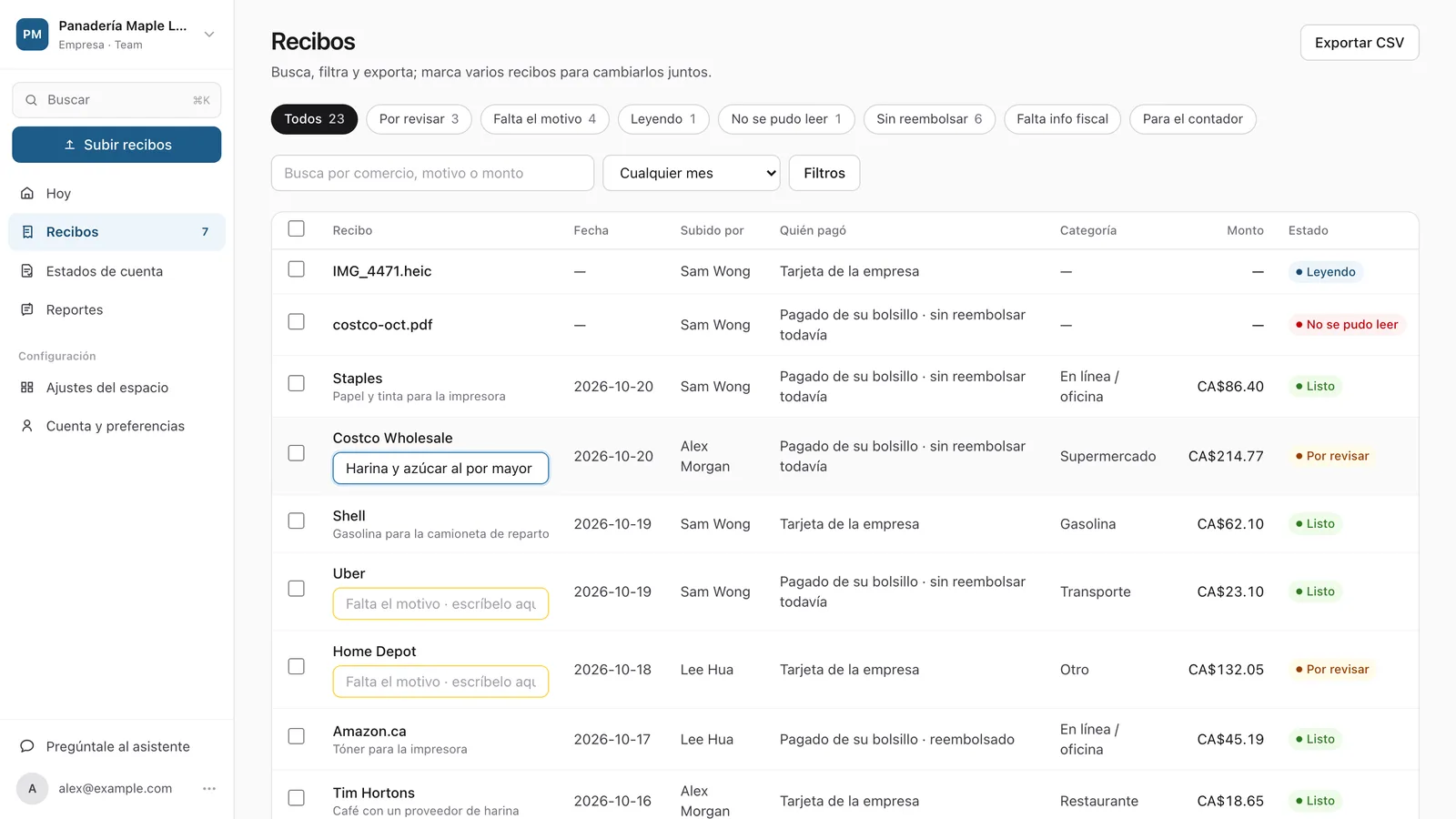 Lista de recibos de ReceiptCue con filtros de estado: por revisar, falta el motivo y listo