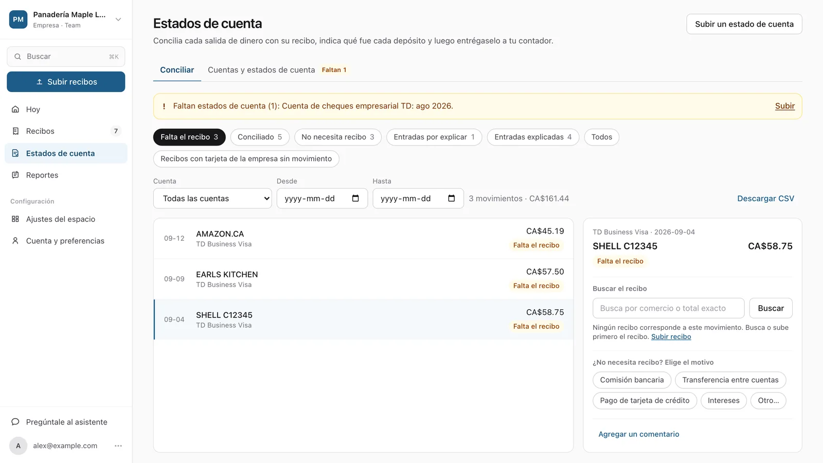 Pantalla de estados de cuenta de ReceiptCue que concilia cada cargo de la tarjeta con su recibo
