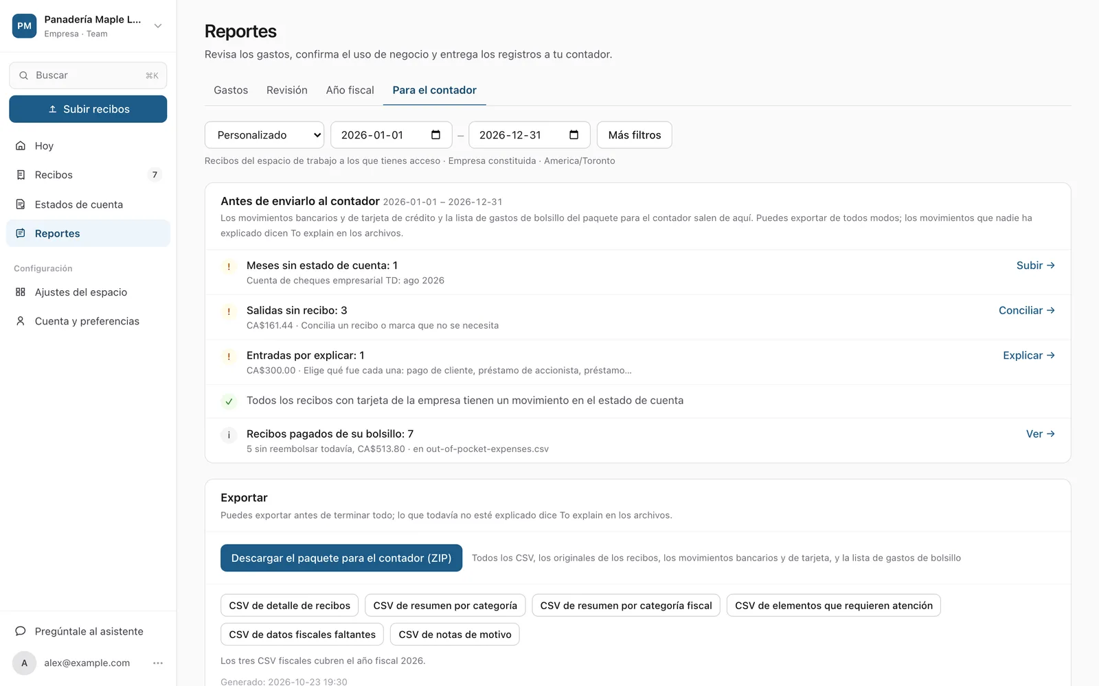 Paquete para el contador en ReceiptCue con una revisión previa al envío de lo que aún falta